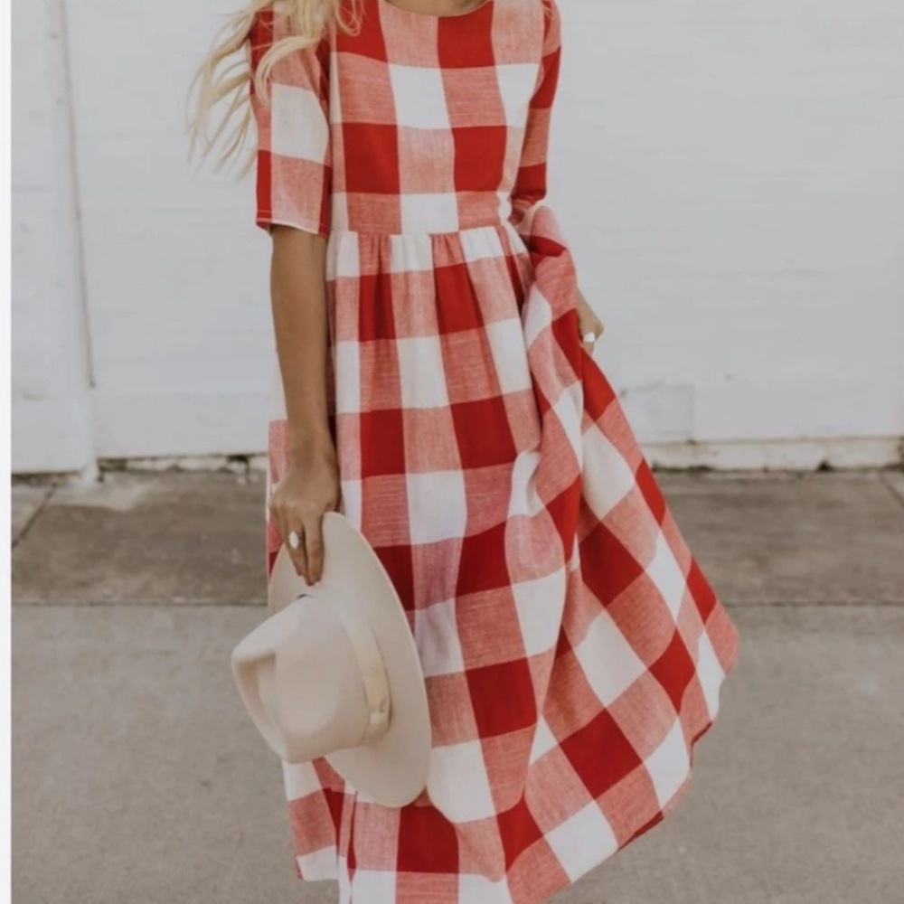 Anthropologie Red and White Checkered Midi Dress